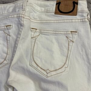 True Religion CreamJeans with Tan Stitching Straight Leg